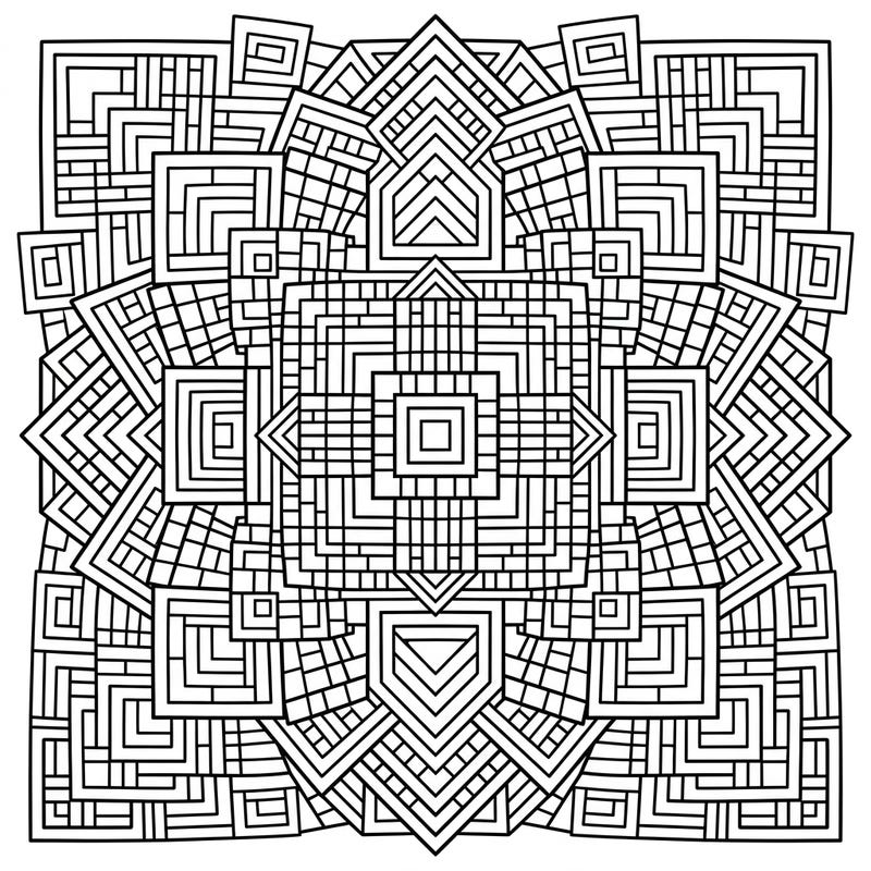 Dive into the mesmerizing world of square geometric mandalas with this highly detailed coloring template. Its precise patterns offer a unique blend of challenge and tranquility for colorists of all levels.