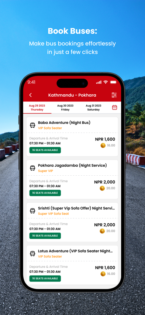Trip Turbo - Pantalla móvil de la aplicación Trip Turbo que muestra opciones de reserva de autobuses de Katmandú a Pokhara con precios y disponibilidad de asientos.
