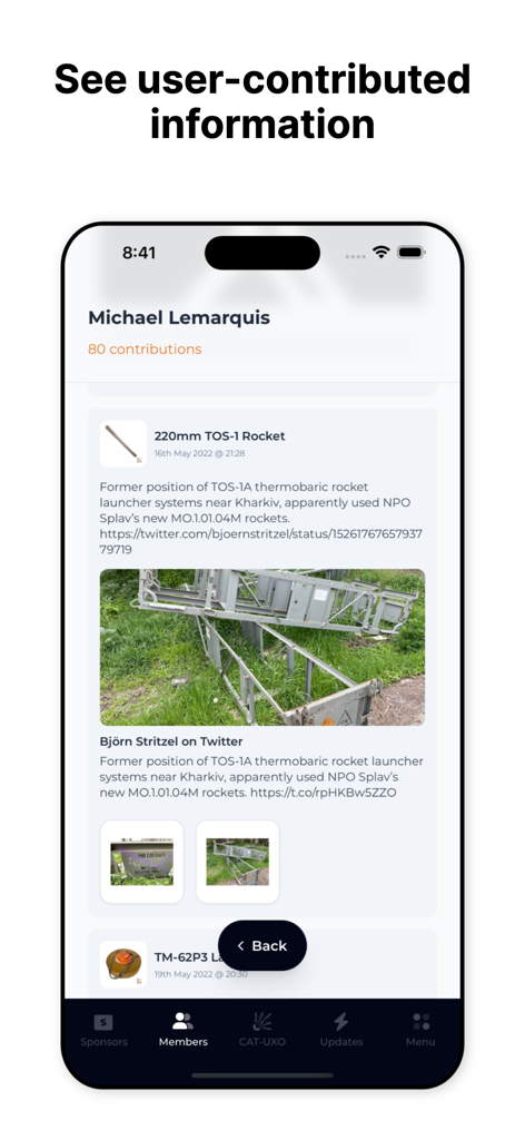 CAT-UXO - Screenshot of the CAT-UXO app showing user-contributed reports and data on explosive ordnance hazards.