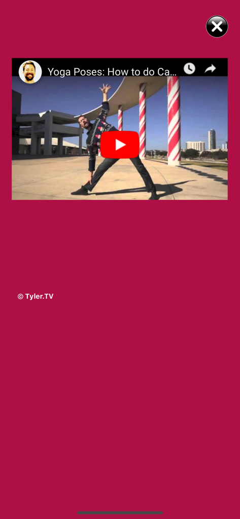 アプリのインターフェース内でヨガインストラクターがポーズをとる様子を示すビデオチュートリアル。