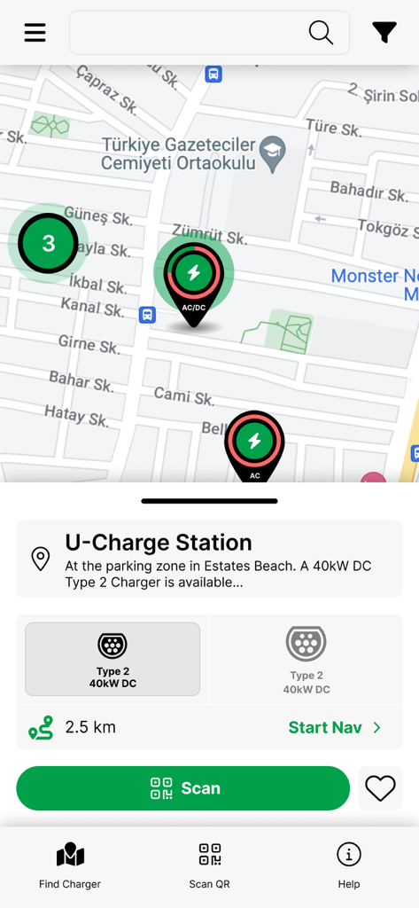 UCharge Powered by UNIPET - UCharge app map showing EV charging station locations with charger details and navigation options.