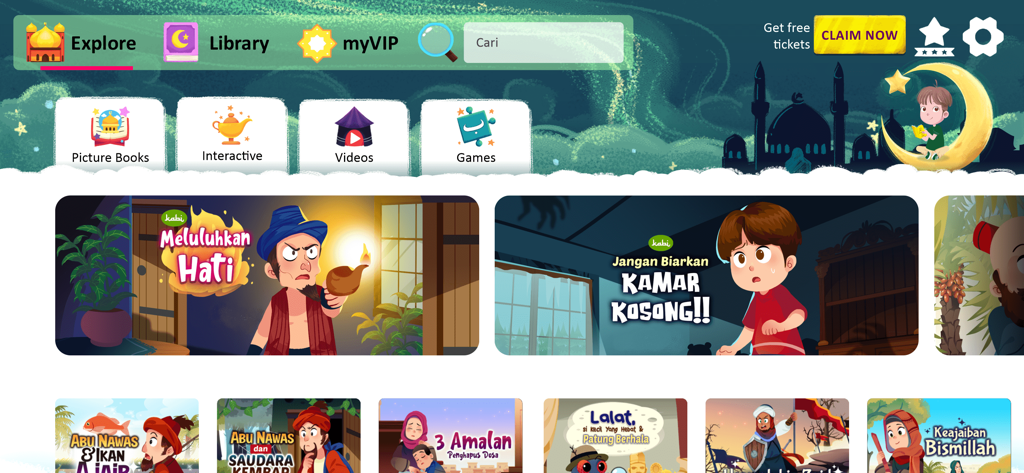 Kabi Story Book - A tela inicial do aplicativo Kabi Story Book mostrando categorias para livros ilustrados, vídeos interativos e jogos com várias histórias educativas islâmicas para crianças