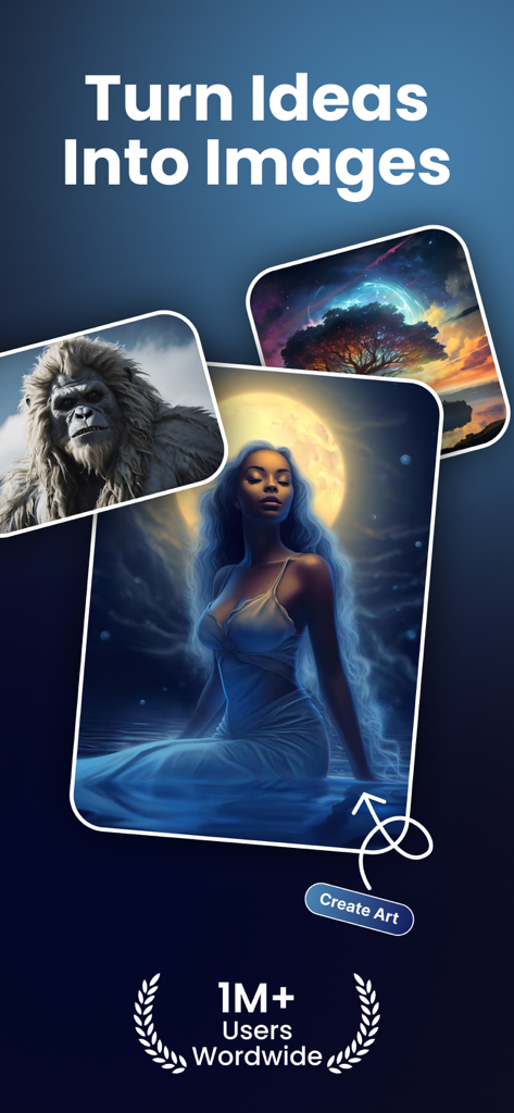 Stable Diffusion-AI Generator - Stable Diffusion AI Generator app display showing diverse AI art samples including a yeti, a celestial tree, and a moonlit goddess with the text Turn Ideas Into Images