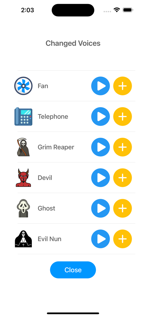 再生ボタン付きのゴースト、デビル、グリムリーパーなどのボイスエフェクトのリストを表示するボイスチェンジャーアプリのインターフェース。
