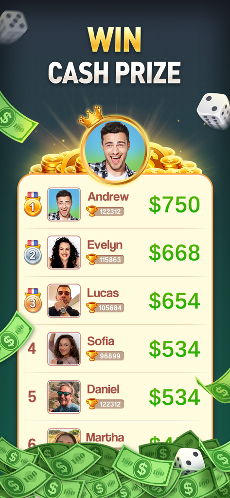 Leaderboard showing top players and their cash prize earnings in Backgammon Live Board Game