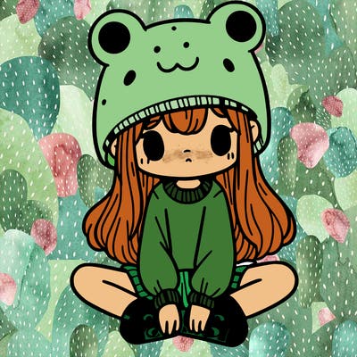 a girl wearing a frog hat and some frog socks
