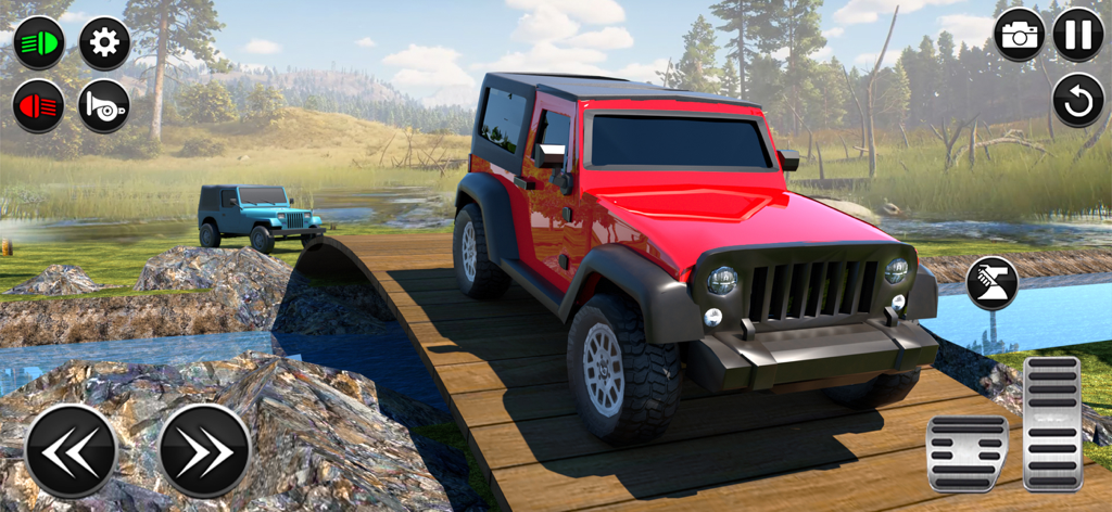 Mud Car Truck Simulator Games - Un vehículo 4x4 rojo conduciendo sobre un puente de madera en un entorno de simulador todoterreno con césped