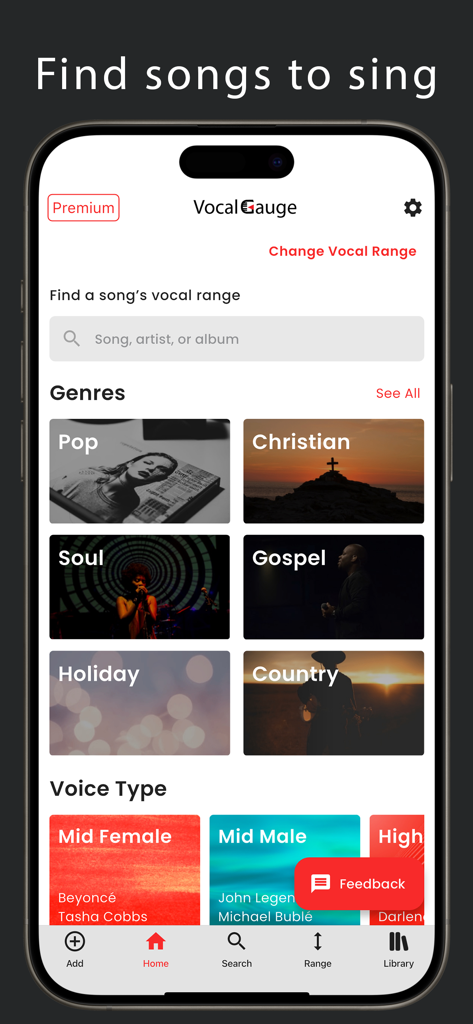 보컬 게이지 앱 홈 화면이 노래 검색을 위한 음악 장르 및 목소리 유형 카테고리를 보여주는 모습