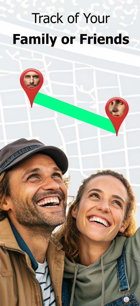 Tracker - Share My Location - Map showing real-time location pins for family and friends in the Tracker app