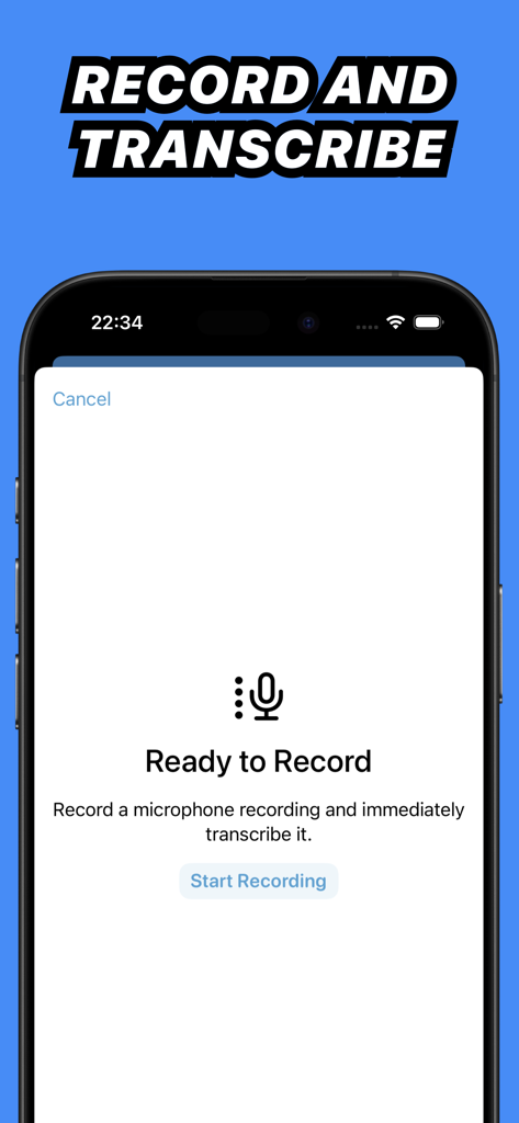 Smartphone screen showing the record and transcribe feature of the Whisper Transcription app
