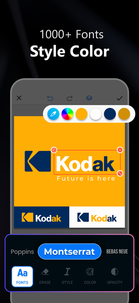 AI Logo Maker: Flyer Generator - An interface of the AI Logo Maker app showing font and color selection tools for editing a professional logo on a smartphone.