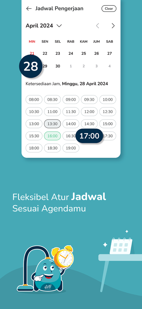 KliknClean - KliknClean Mobile App-Oberfläche, die einen Kalender und die Auswahl von Zeitfenstern zur Buchung von Reinigungsdiensten anzeigt