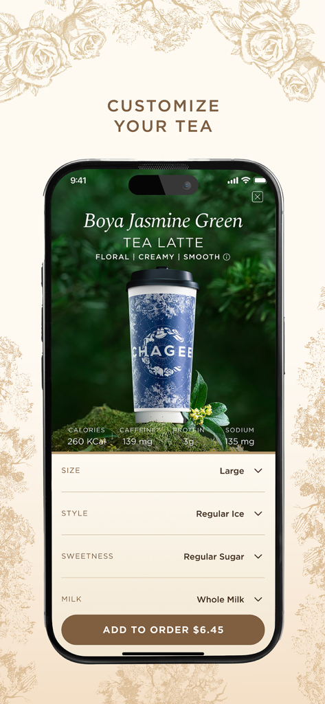CHAGEE USA - CHAGEE USA의 모바일 앱 인터페이스로, 보이아 자스민 녹차 라떼의 맞춤 설정 옵션을 보여줍니다.