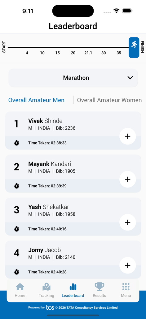 TMM 2026 app leaderboard showing rankings for amateur men marathon runners.
