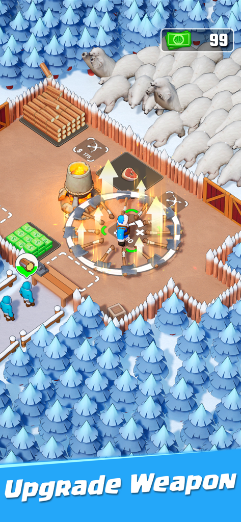 A character in Whiteout Survival upgrading weapons in a snowy camp with polar bears in the background.