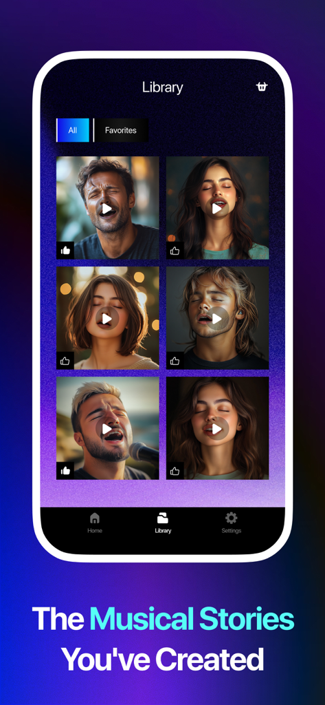 Talking Picture - Tokkingheads - Bibliotheksbildschirm der Tokkingheads App, der eine Sammlung von animierten Musikgeschichten zeigt