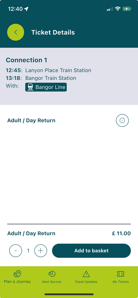 Captura de pantalla de la aplicación Translink que muestra los detalles del billete y el precio de un viaje en tren a Bangor