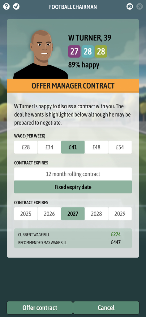 Football Chairman Pro 2 - Negotiation screen in Football Chairman Pro 2 showing options to offer a contract to a manager including wage and expiry date settings