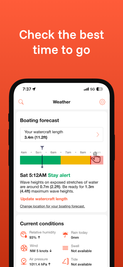 DECKEE app interface showing a boating forecast with a color-coded timeline for the best time to go on the water based on boat size and weather conditions
