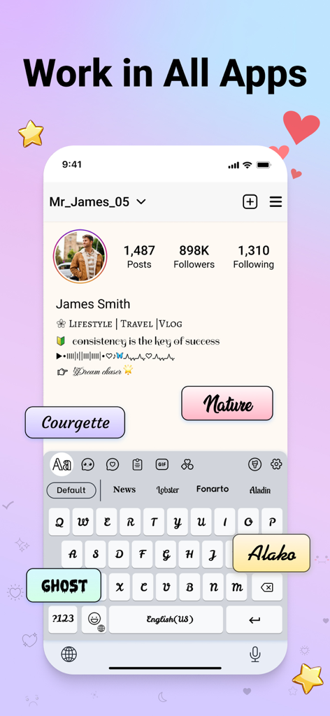 Font Keyboard: Cool Fonts Art - Vista previa de una aplicación de teclado de fuentes que muestra estilos de texto elegantes para un perfil de Instagram.