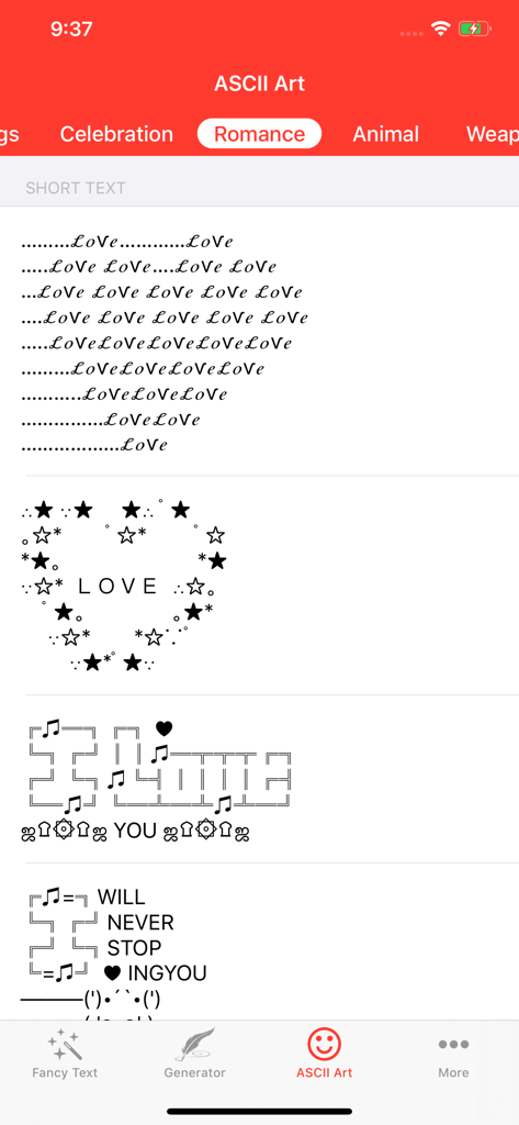 A collection of romance-themed ASCII text art including heart shapes and love messages within the Fancy Text Symbols app.