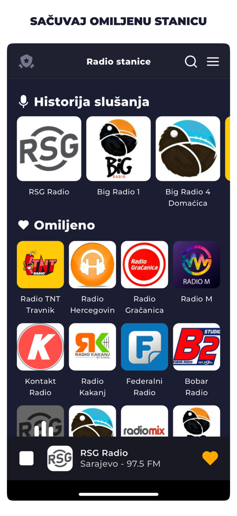 Radio Bosnia FM Online Live - Captura de pantalla de la interfaz de la aplicación Radio Bosnia FM mostrando secciones para historial de escucha y estaciones de radio bosnias favoritas