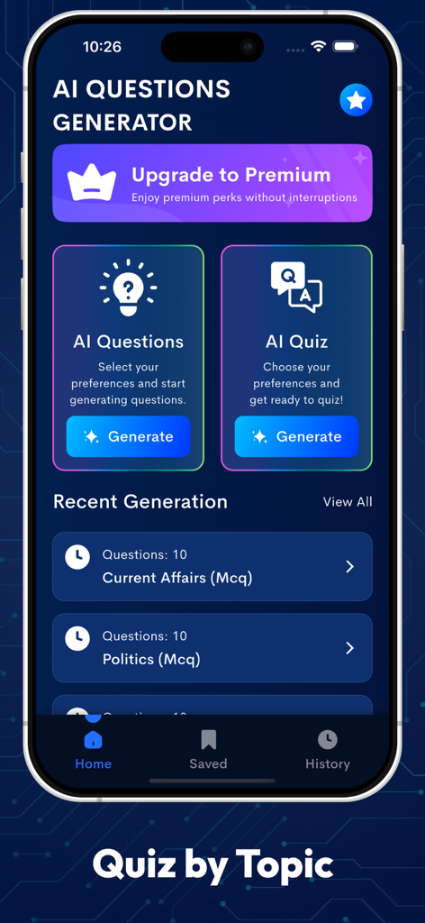 Questions Generator - AI Quiz - Home screen of the AI Questions Generator app showing options to create quizzes by topic and view recent generation history