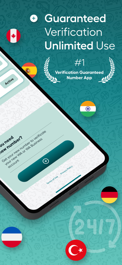 Pantalla de la aplicación SimWa mostrando verificación garantizada para números de teléfono virtuales y banderas internacionales.
