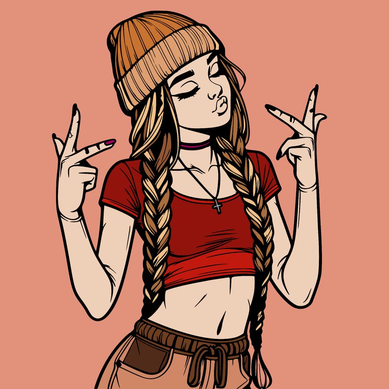 realistic teenage girl with braids and a beanie and crop top doing 🫶🏼