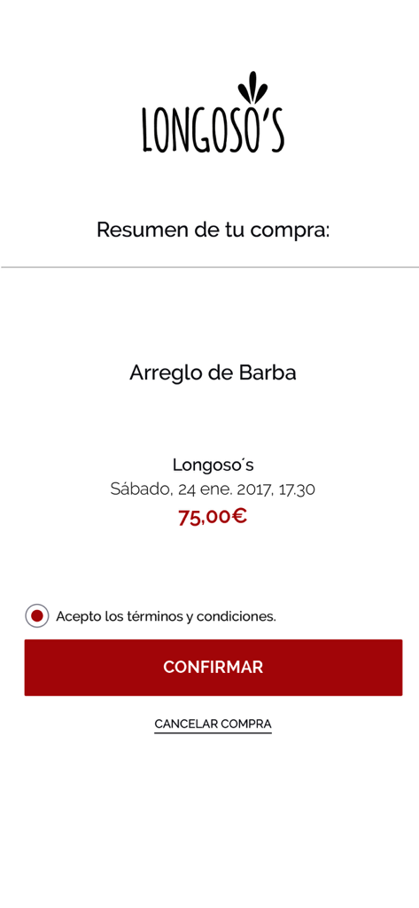 Bewe para clientes - Purchase summary screen in the Bewe app showing a beard trim appointment booking