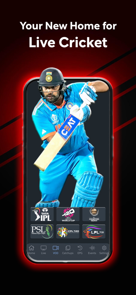 KaroStream - KaroStream app interface showing live cricket content with logos for IPL and ICC T20 World Cup