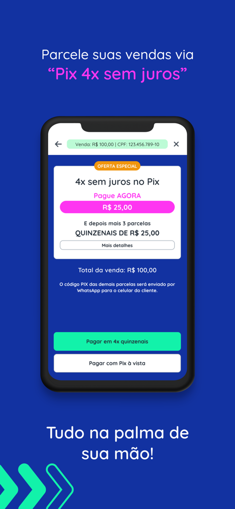 Pagaleve Lojistas - Smartphone screen showing Pagaleve Lojistas app interface with Pix 4x interest-free payment option for a merchant sale