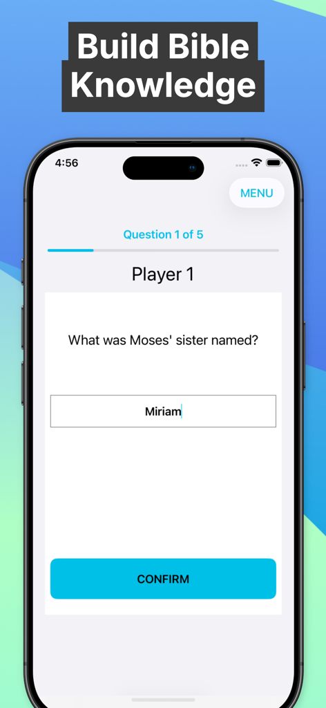 Bible Trivia - Christian Game - モーセの姉妹に関する穴埋め問題と、入力された名前ミリアムが表示された聖書クイズゲームのインターフェース