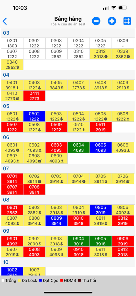Real estate inventory board in the Đất Xanh Miền Bắc app showing color-coded apartment availability and status.