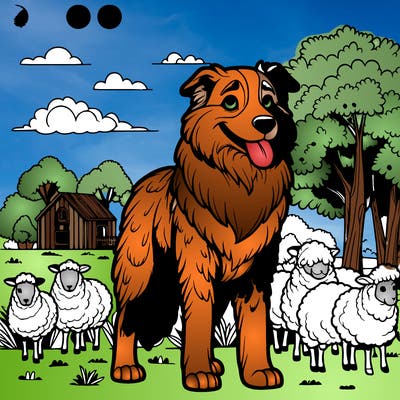 a realistic australian sheep dog standing tall with realistic sheep and realistic trees in the background and a realistic little house in the background