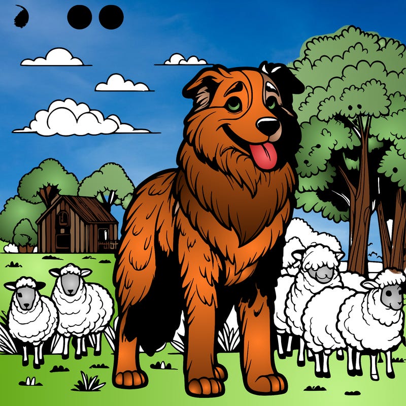a realistic australian sheep dog standing tall with realistic sheep and realistic trees in the background and a realistic little house in the background