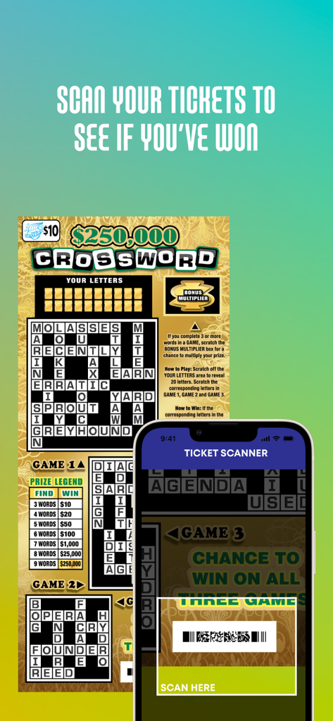 A smartphone using the Illinois Lottery app to scan a crossword scratch-off ticket to check for winnings.