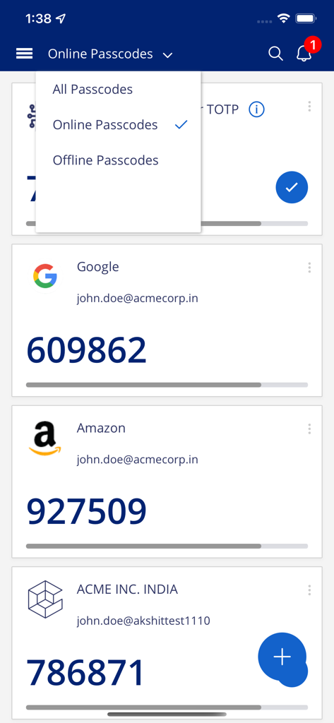 CyberArk Identity - CyberArk Identity mobile app screen displaying multi-factor authentication passcodes for various accounts