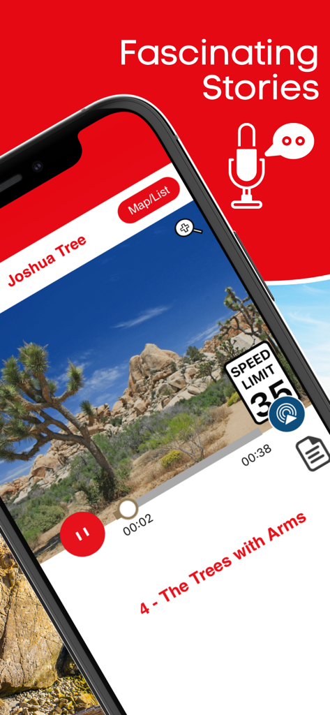 California GPS Audio Tours - Smartphone screen showing the Joshua Tree audio tour interface in the California GPS Audio Tours app
