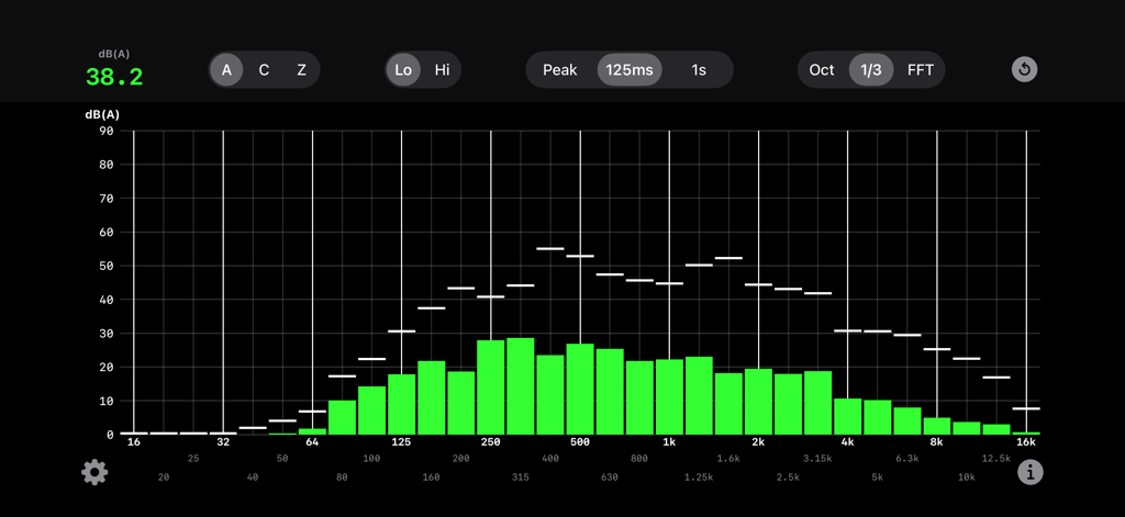RTA Pro - RTA Pro mobile app displaying real time audio spectrum analysis with one-third octave bands and decibel weighting