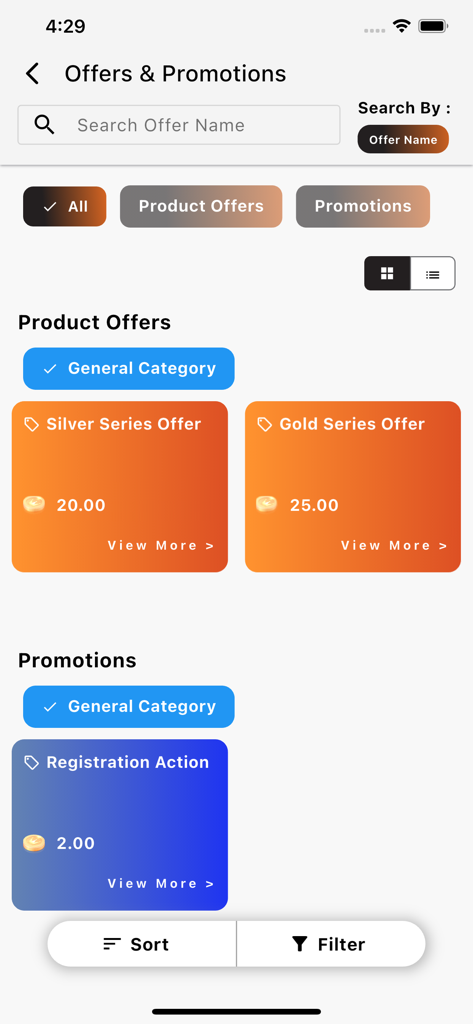EVERWIN LOYALTY - The Offers and Promotions screen of the Everwin Loyalty app displaying available product rewards and points for registration.