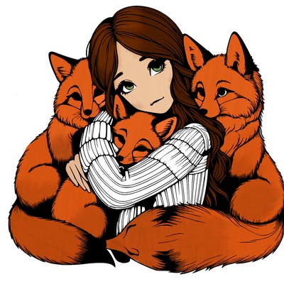 realistic, looking girl hugging, foxes