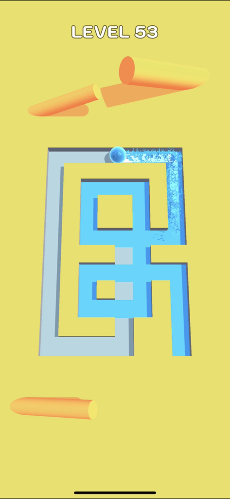 Gameplay screenshot of Roller Splat showing a blue ball rolling through a maze and painting it blue
