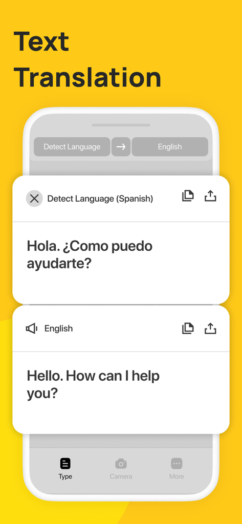 Screenshot der AR Translator App, der Textübersetzung von Spanisch nach Englisch auf gelbem Hintergrund zeigt.
