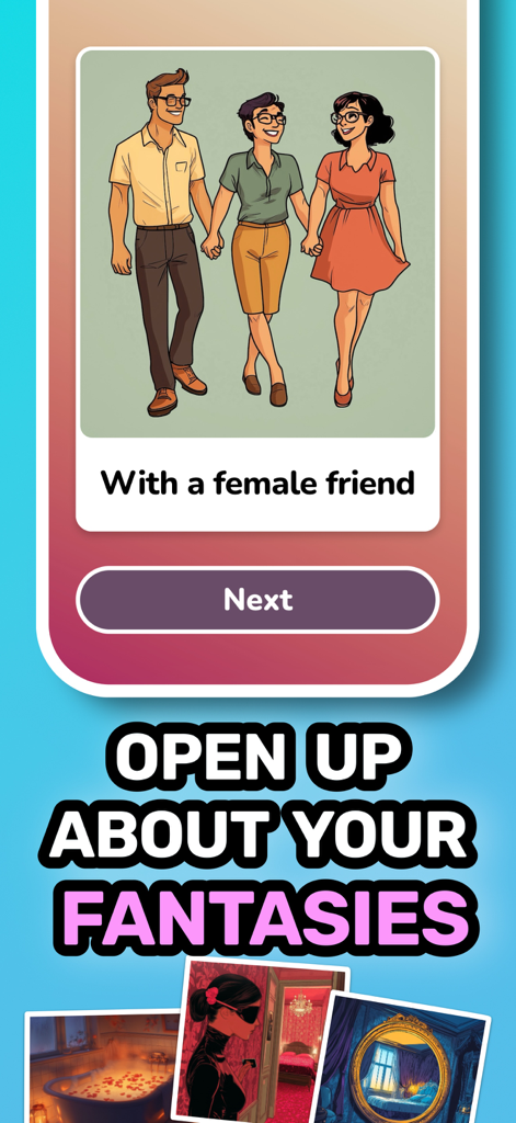 9 Games for Couples or Dates - Interfaz de la app móvil Pulse mostrando el modo de juego de fantasías para que las parejas compartan deseos íntimos.