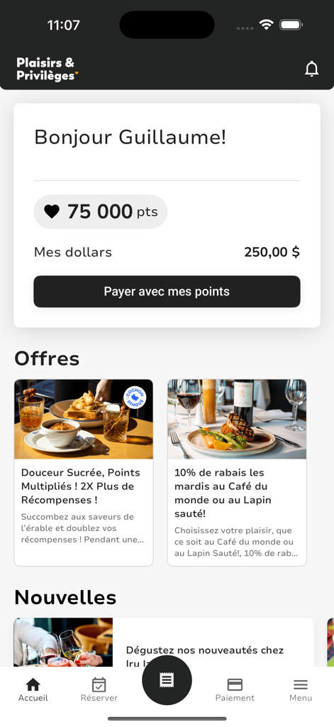 Plaisirs et Privilèges - Plaisirs et Privileges app home screen showing points balance and restaurant offers