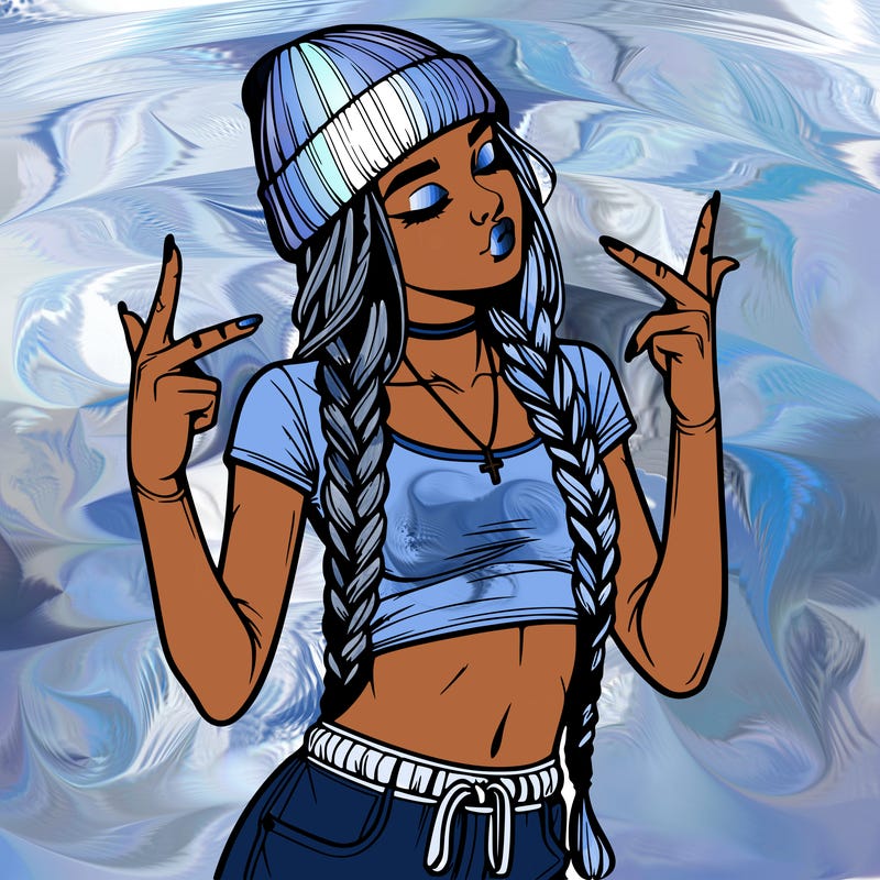 realistic teenage girl with braids and a beanie and crop top doing 🫶🏼