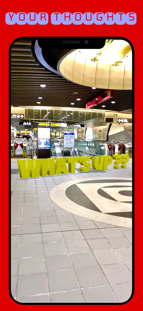 公共の場所に拡張現実を使用して表示された、WHAT'S UP??と書かれた黄色の3Dテキスト。