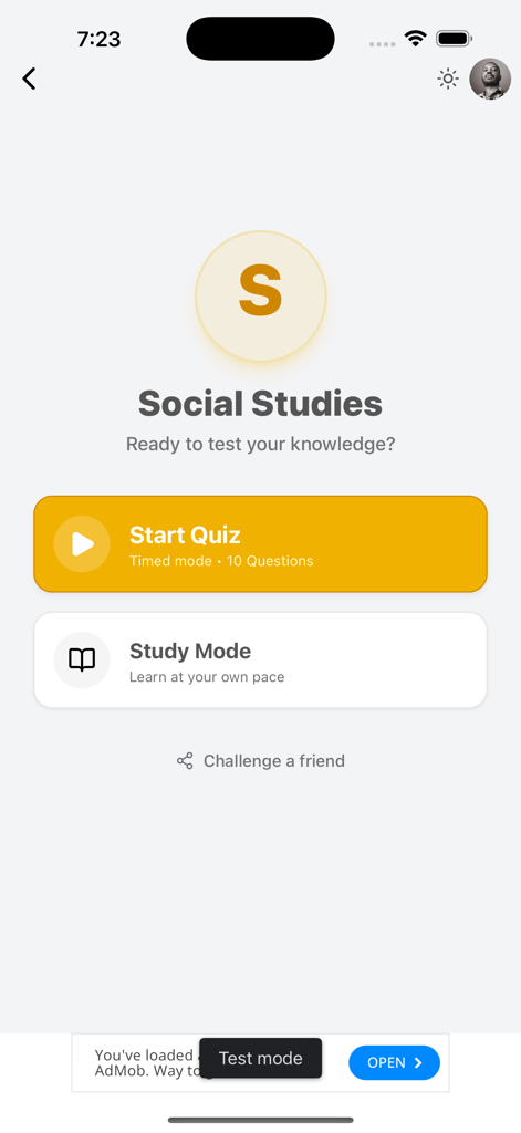 Exam Prep for CSEC, CAPE, CPEA - Pantalla de la materia de Estudios Sociales en la aplicación Exam Prep con opciones para iniciar un cuestionario cronometrado o ingresar al modo de estudio.