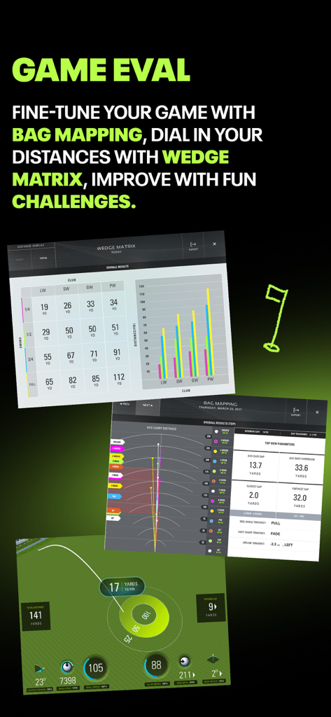 SKYTRAK app interface showing golf game evaluation features like bag mapping and wedge matrix
